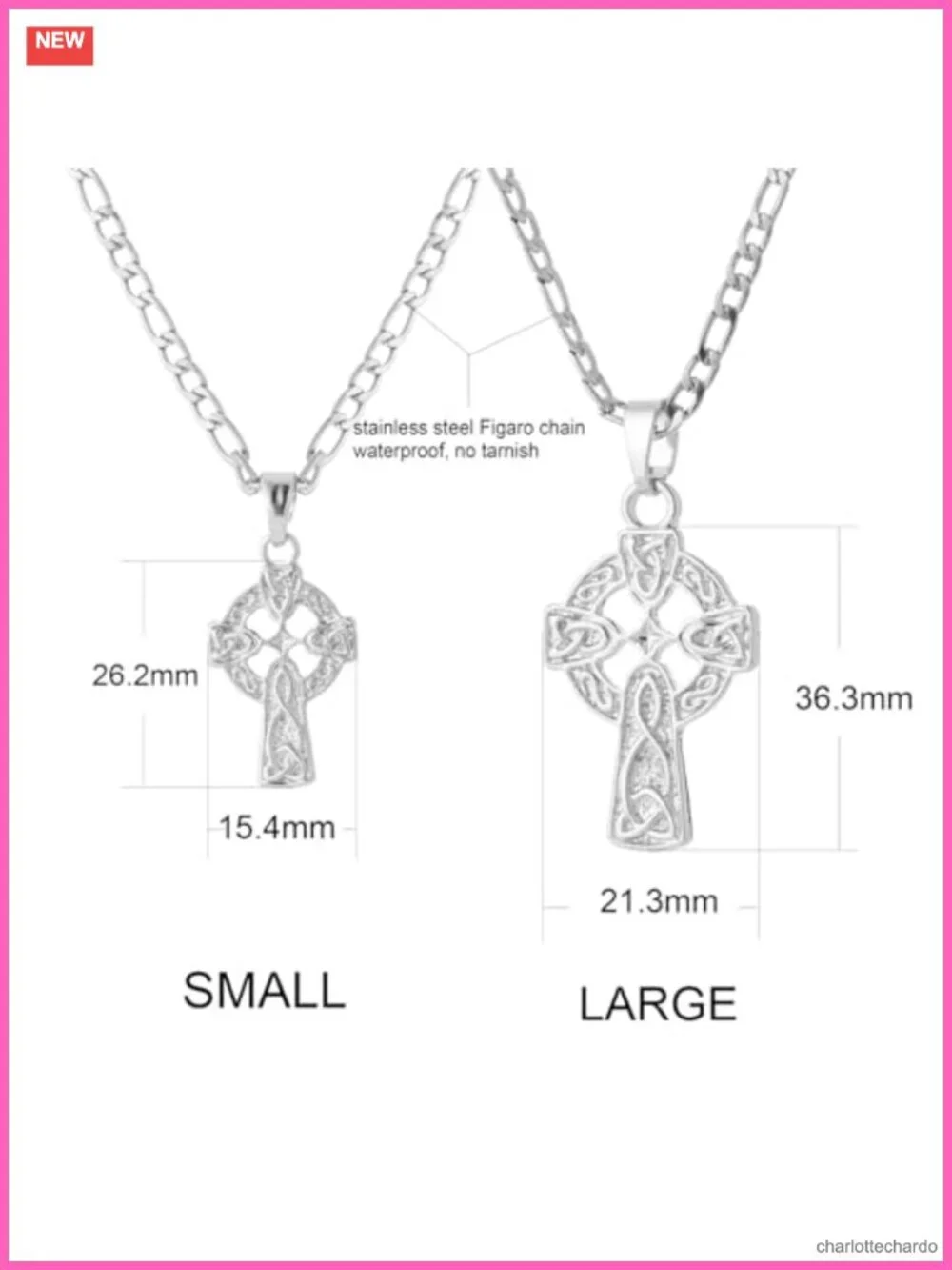 14K White Gold Plated Celtic Cross Pendant Necklace Figaro Chain